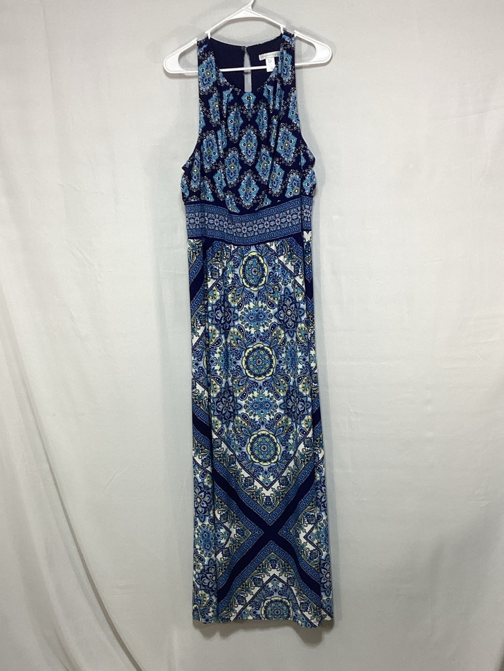 London Times Size 16 Navy and Blue Printed Halter Maxi Dress - Picture 1 of 14